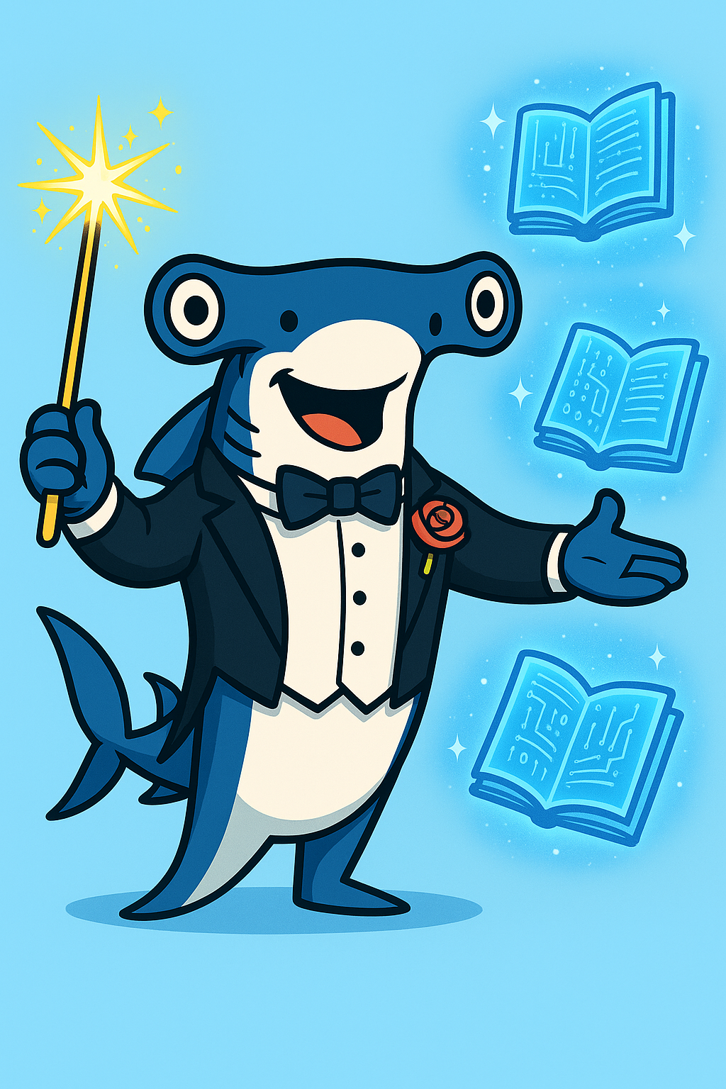 Herald Hammer Sharkington casting spell on magic digital books